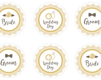 Bride & Groom Wedding Bridal Shower Edible Cupcake Topper Decorations - Set of 12 Toppers