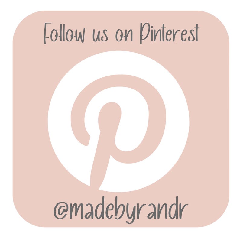May include: A light pink square graphic with rounded corners, featuring the Pinterest logo. The logo is a white circle with a white 'P' inside. Text at the top says "Follow us on Pinterest" and the bottom says "@madebyrandr."