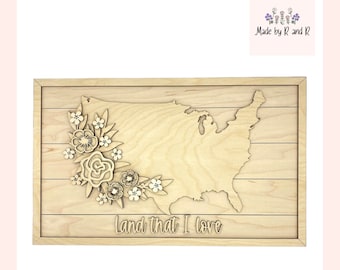Floral USA Sign Wood Cut Outs From Made By R And R