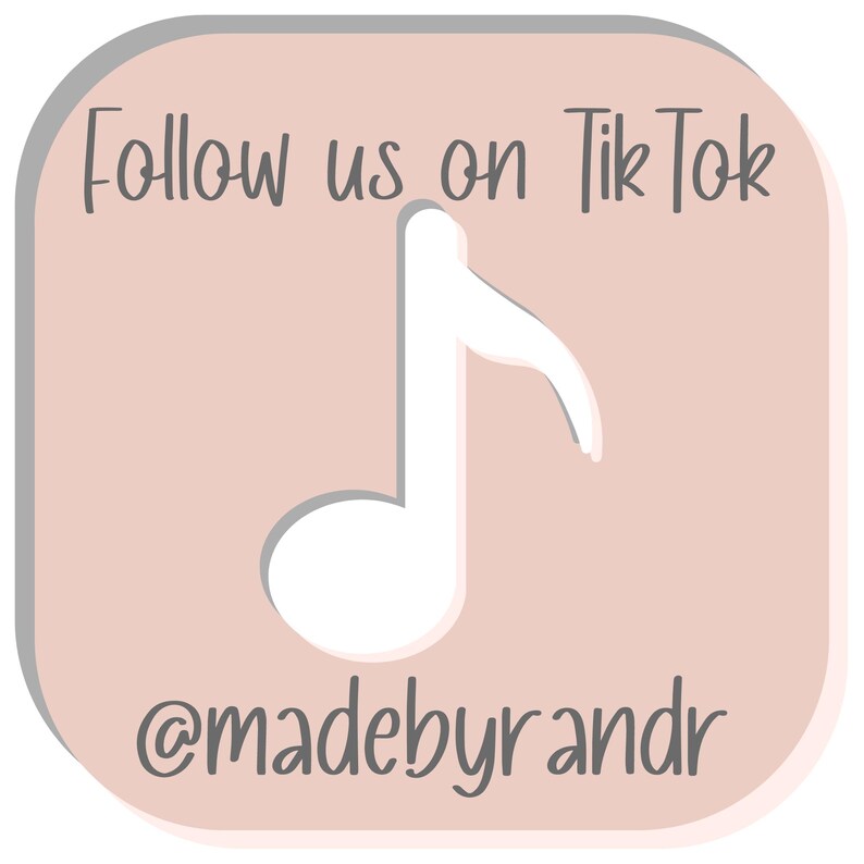 May include: A light pink square graphic with rounded corners. The text "Follow us on TikTok" is at the top in a handwritten font. A white musical note is in the centre. The text "@madebyrandr" is at the bottom.
