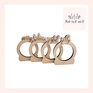 Set of 4 Wooden Christmas Napkin Ring Holders - Merry, Believe, Jolly, Joyful From Made By R And R