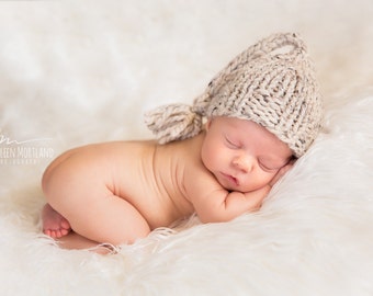 Baby Photography Prop, Newborn Hat Knit, Neutral Hat Tassel Oatmeal- Daffodil Hat