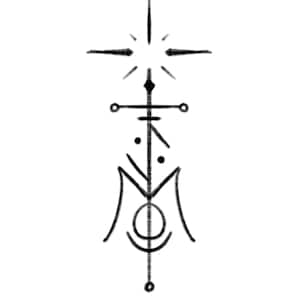 Puede incluir: Ilustración en blanco y negro de un símbolo. El diseño presenta una estrella en la parte superior, una forma de cruz y un diseño estilizado con líneas curvas y un círculo en la parte inferior. El diseño general es vertical y simétrico.