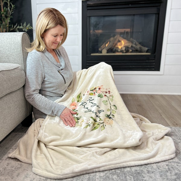 Floral Watercolor Plush Fleece Throw Blanket: Hugs and Prayers Comfort Gift
