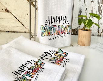 Happy Birthday Towel Set: Microfiber Waffle Dishtowel & Micro-Velour Hand Towels