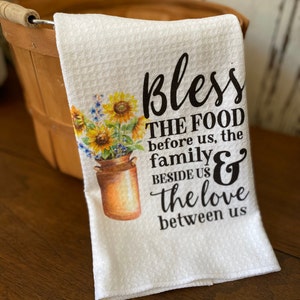 Bless the Food Before Us Dish Towel- Waffle Woven Microfiber Tea Towel- Sunflower Kitchen Decor