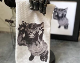 Huntress Kitten Dish Towel- Artist Collab Tea Towel- Halloween Kitchen Decor- Black Cat Dishtowel
