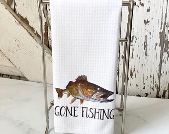 Gone Fishing Walleye Dish Towel: Funny Outdoorsy Kitchen Decor