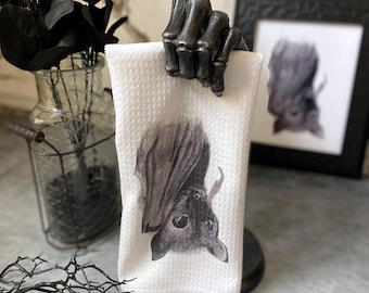 Watercolor Bat Dish Towel- Artist Collab Tea Towel- Halloween Kitchen Decor- Flying Fox Dishtowel