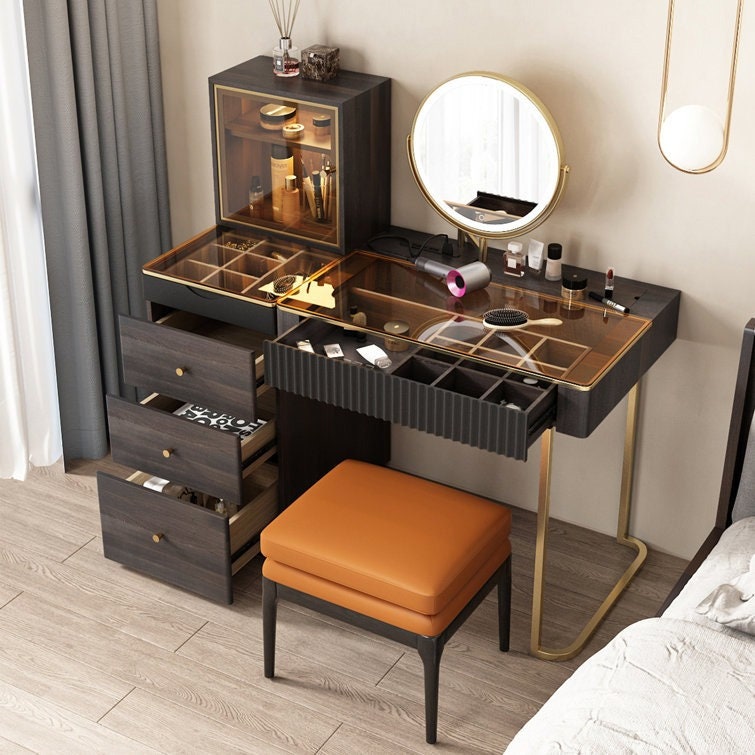 Schminktisch mit Spiegel LED Schublade, Make-up Kommode Aufbewahrungsregal Organizer Set, Schlafzimmer Badezimmer Schminktisch