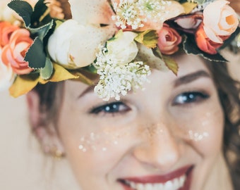 LIBBY - Flowercrown, Big Pastel Bridal and white floral headpiece, Wedding hair accessories, headband, Bridal headpiece, Wreath, Garland
