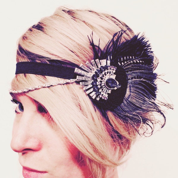 Great Gatsby, Silver flapper, roaring 20's, feather headband, headpiece, headdress