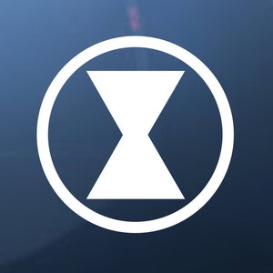 May include: A white circle with a white hourglass shape inside. The circle and hourglass are on a blue background.