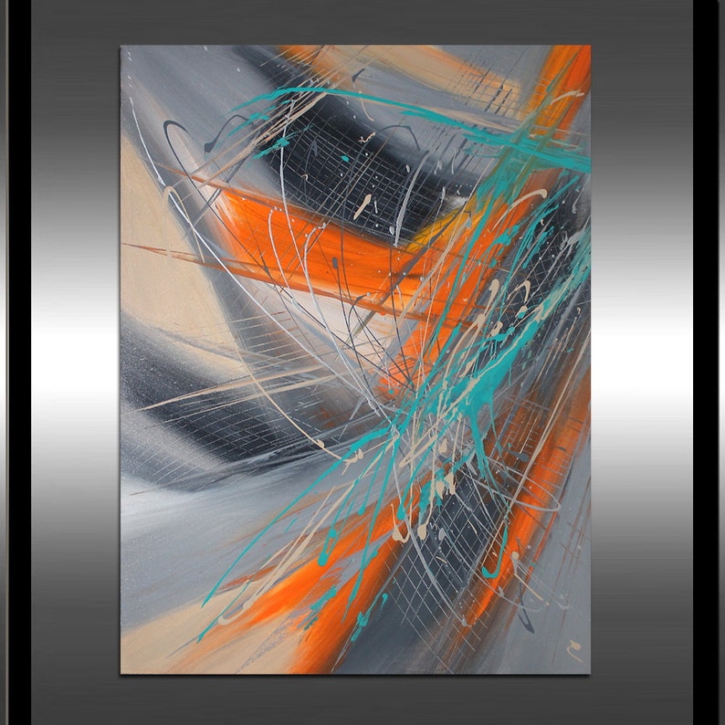 Peinture Gris Orange Turquoise Abstrait Sur Toile Grande Etsy