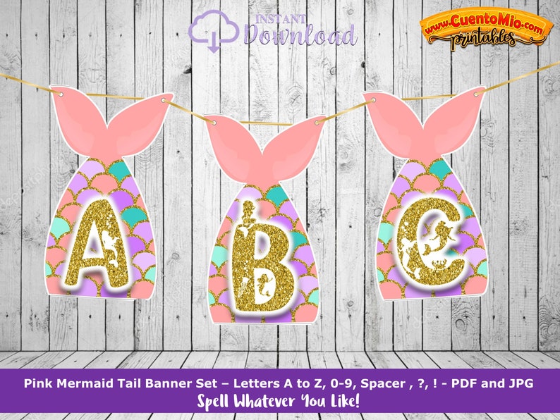 printable pink mermaid tail banner letters a z numbers 0 9 etsy
