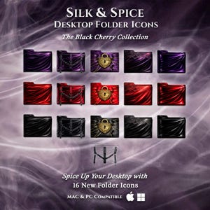 May include: A collection of sixteen desktop folder icons in various colors, including purple, red, and black. Each folder features decorative elements such as chains, locks, and lace. The text "Silk & Spice" and "The Black Cherry Collection" are displayed at the top.