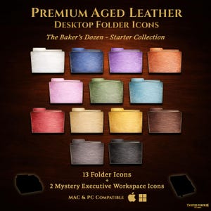 May include: A set of 13 desktop folder icons in a range of colours, such as white, blue, and purple. The icons have a textured, aged leather effect. The text reads "Premium Aged Leather Desktop Folder Icons" and "The Baker's Dozen - Starter Collection."
