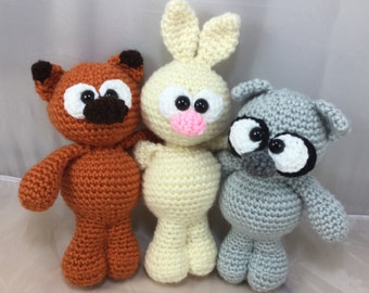 Animal pack crochet patterns - rabbit - Fox - Raccoon - instant download tutorial PDF - Amigurumi patterns - small toy patterns