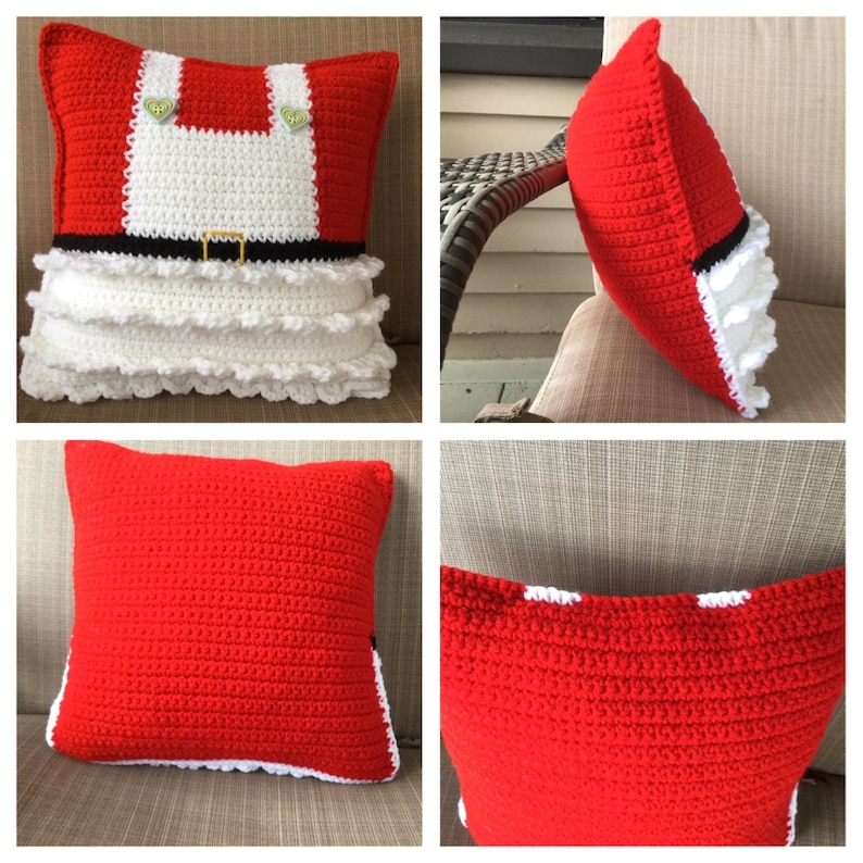 May include: Four different views of a crocheted pillow with a red and white Santa Claus design. The pillow is made with a red and white yarn and has a white ruffle around the bottom.