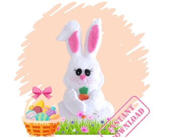 May include: White felt Easter bunny holding a carrot, sitting in a field of green grass with pink and white flowers. A basket of colorful Easter eggs is in the background. The text "INSTANT DOWNLOAD" is on a pink tag.