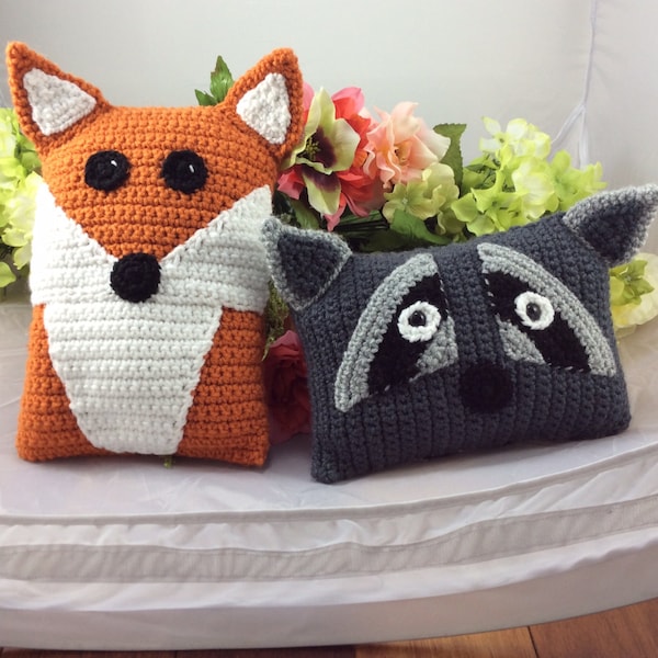 Raccoon and Red Fox Pillow Pals - crochet tutorial or pattern - toy pattern - accent pillows - toddler to adult - instant download pdf