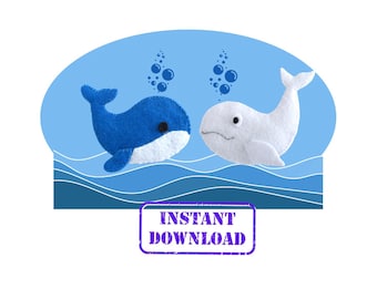 PDF Digital Sewing Tutorial Download - set of 2 - Blue and White whale gelt patterns - felt sea creatures - ocean animals - felt pattern PDF
