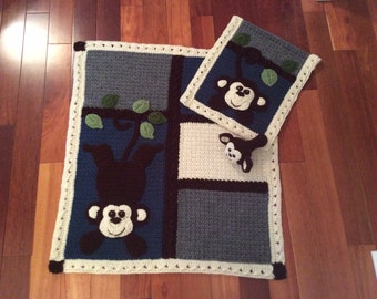 Lil Monkey Blanket set crochet pattern - baby blanket - wall hanging - rattle - blanket tutorial - pdf pattern - amigurumi monkey