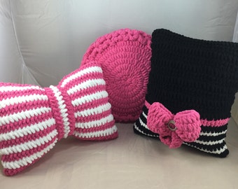 College dorm decor - 3 patterns pack - crochet pillow patterns - macaroon - bow - zebra Print Bling pillows - diy pdf tutorial