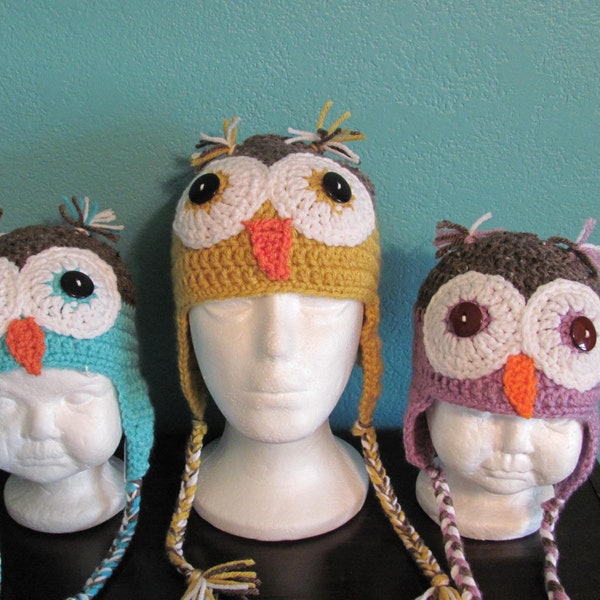 Bonnet hibou au crochet, adorable pour les bébés jusqu'à la taille des enfants.