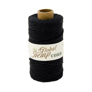 May include: A spool of black hemp cord with a label that reads "Global Hemp Cord".
