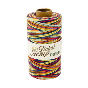May include: A spool of colorful hemp cord with a label that reads "Global Hemp Cord". The cord is a mix of red, orange, yellow, blue, and green.