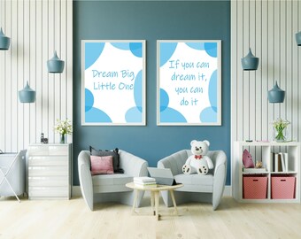 Blauwe kinderkamer kunst, droom grote kleine, als je het kunt dromen, kun je het doen, kinderkamer, kinderkamer kunst aan de muur, kinderkamer, kinderkamer kunst, blauw