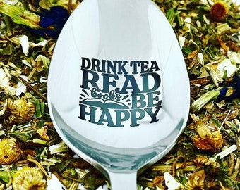 drink tea • read books • be happy, tea spoon, books, cutlery, stamped spoon