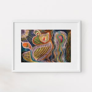 Könnte beinhalten: Abstrakte Malerei mit einem farbenfrohen, wirbelnden Design. Das Gemälde zeigt eine Vielzahl von Formen und Farben, darunter Grün, Blau, Orange und Rot. Das Gemälde ist in einem Stil gehalten, der an den Expressionismus erinnert.