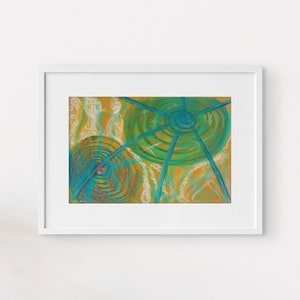 May include: Abstract painting with swirling lines and shapes in shades of blue, green, and yellow. The background is a warm yellow, and the foreground features a swirling blue and green pattern.