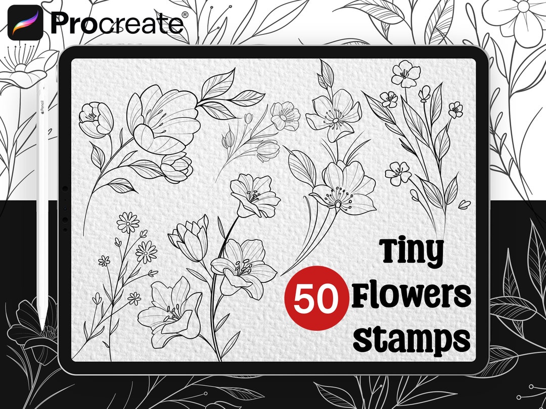 50 Tiny Tattoo Flowers Stamps | Procreate Digital Brush | Botanical ...