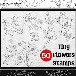 Op de afbeelding: Een digitale illustratie van 50 kleine bloemstempels, perfect om een ​​delicate toets aan je ontwerpen toe te voegen. De afbeelding toont een verscheidenheid aan bloemen, waaronder eenvoudige bloesems, knoppen en bladeren, allemaal getekend in een minimalistische stijl.