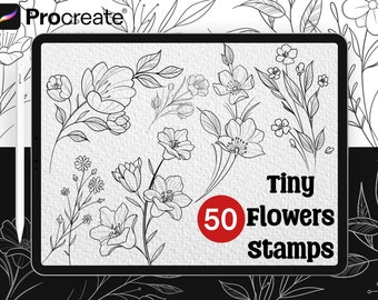 50 Tiny Tattoo Flowers Stamps | Procreate Digital Brush | Botanical Flowers Outlines | Fineline Stamps Procreate