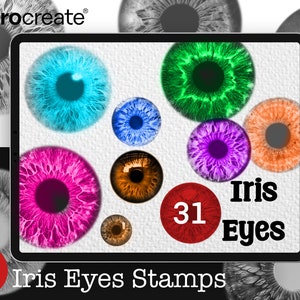 May include: A digital illustration of 31 colorful iris eye stamps for use in digital art. The image shows a tablet screen displaying the stamps, with the text "Iris Eyes Stamps" and "31 Iris Eyes" on the screen.