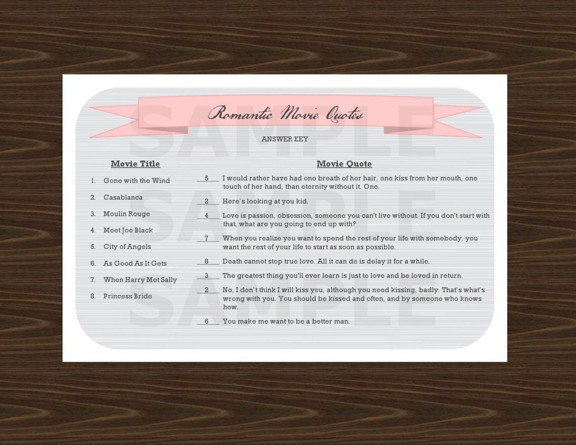 Romantic Movie Quotes Game Printable With Answer Key for Etsy