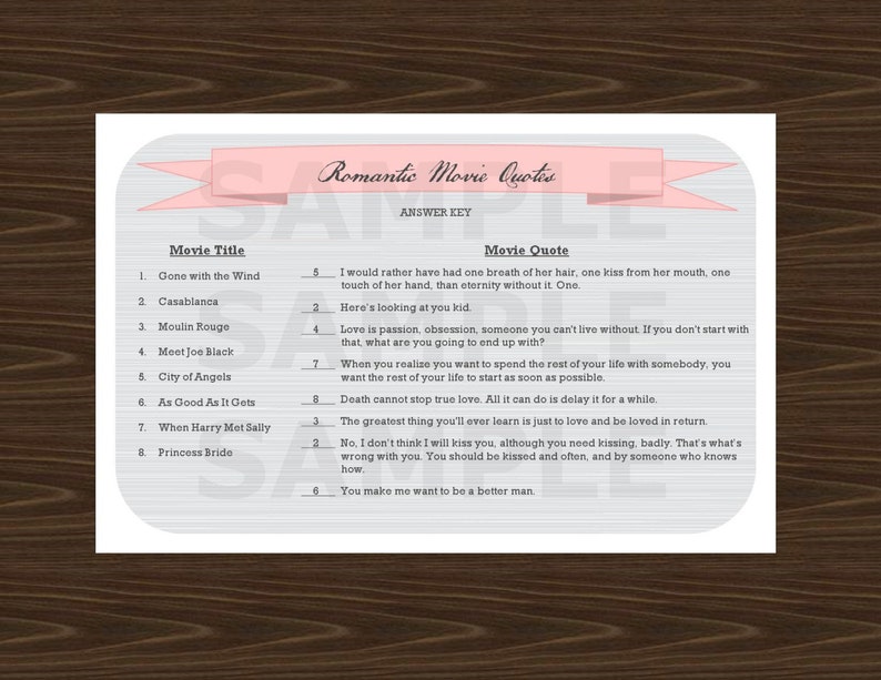 Romantic Movie Quotes Game Printable With Answer Key for Etsy