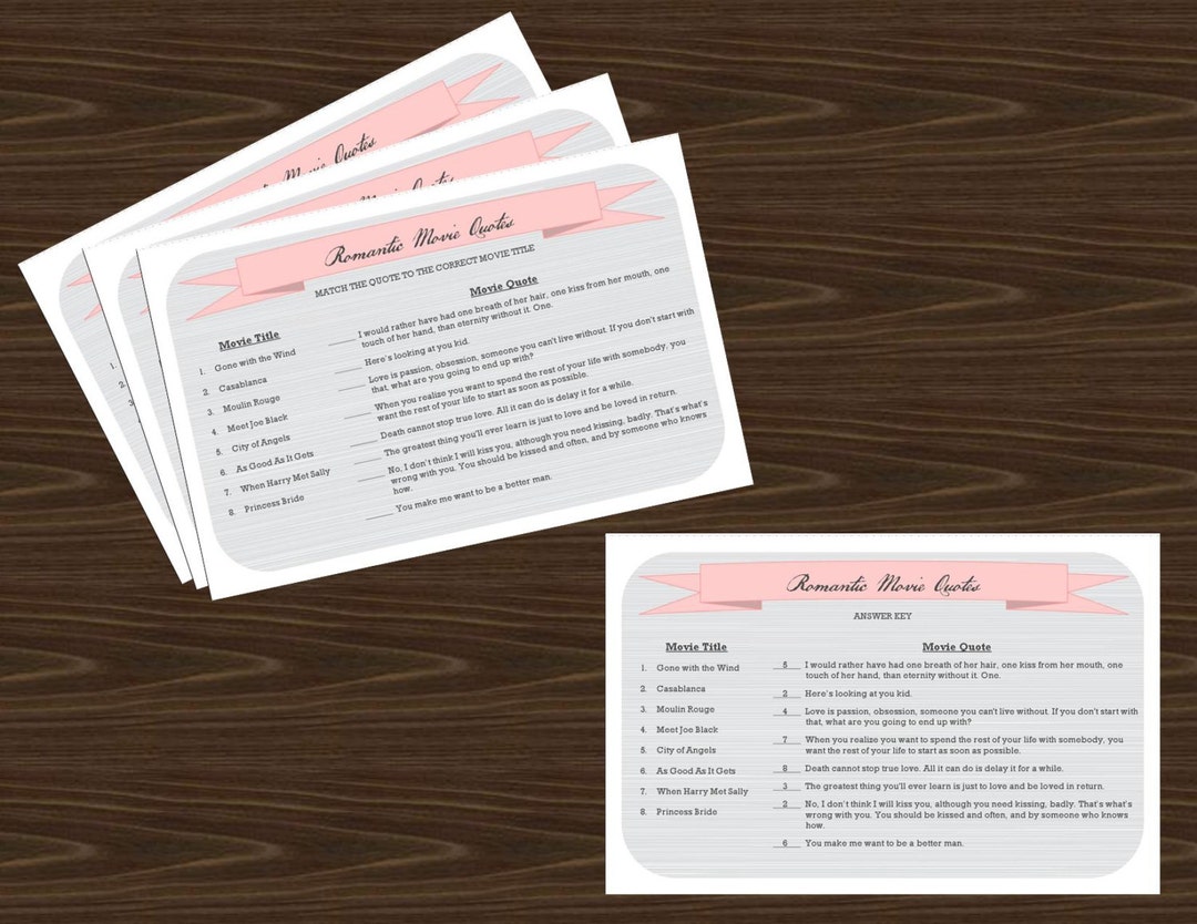Romantic Movie Quotes Game Printable With Answer Key for Etsy