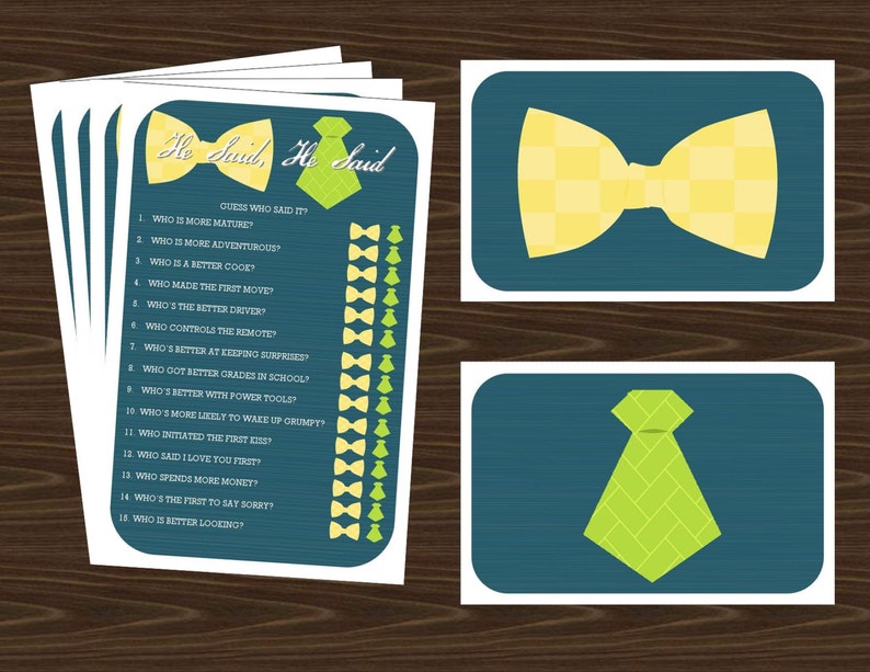 Wedding Trivia Game Printable with Neck and Bow Ties Response Cards for the Couple's Wedding Shower, Color options 4 PDFS image 1