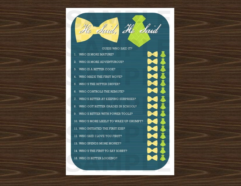 Wedding Trivia Game Printable with Neck and Bow Ties Response Cards for the Couple's Wedding Shower, Color options 4 PDFS image 2