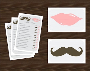 He Said She Said Trivia Game Printable with Lips & Mustache Response Cards for the Couple Wedding, Engagement or Bridal Shower