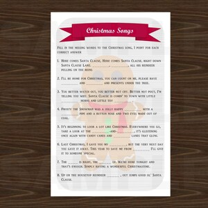 Finish that line Christmas Song Trivia Game Printable | Etsy