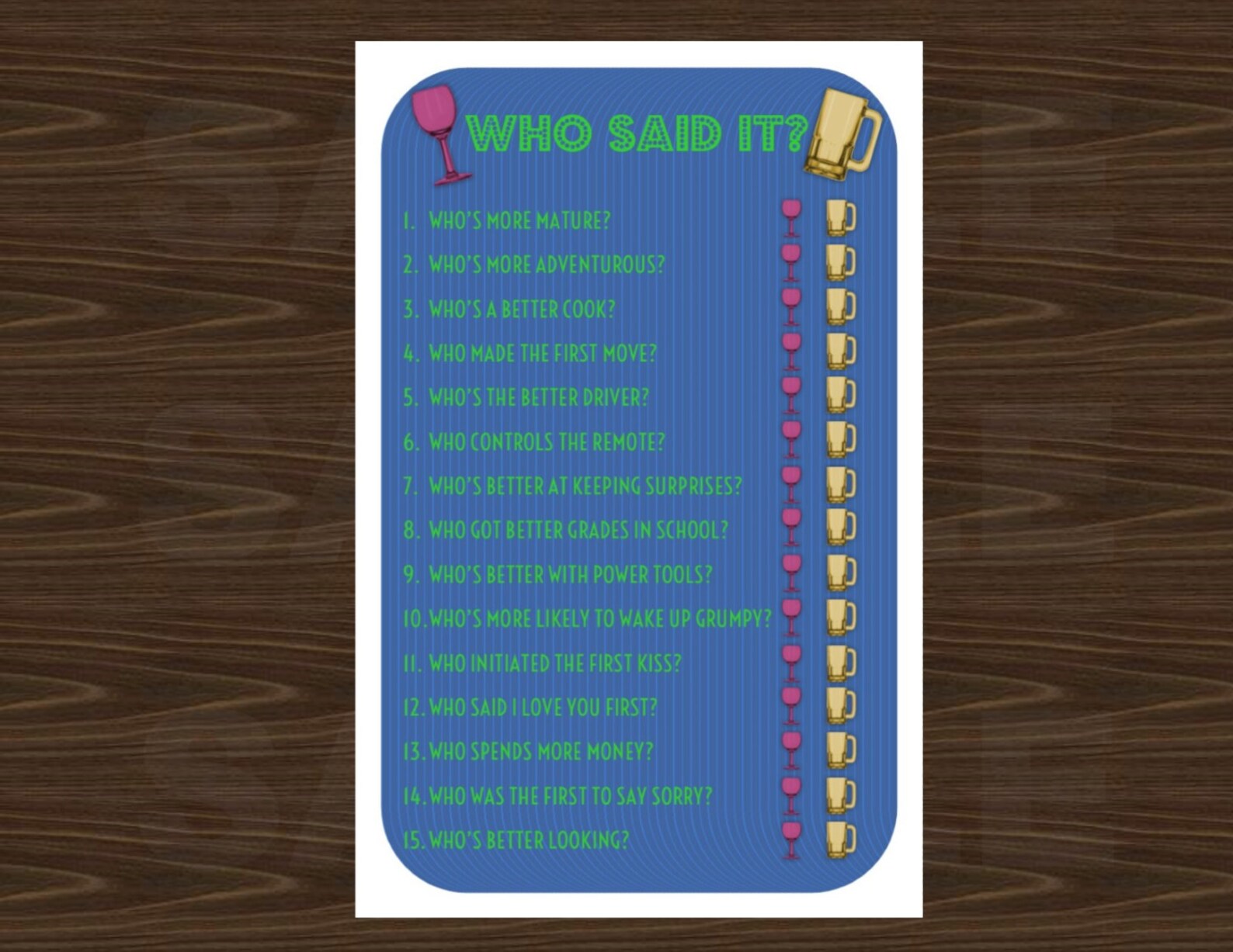 Who Said It Trivia Game Printable With Beer and Wine Glass Response ...