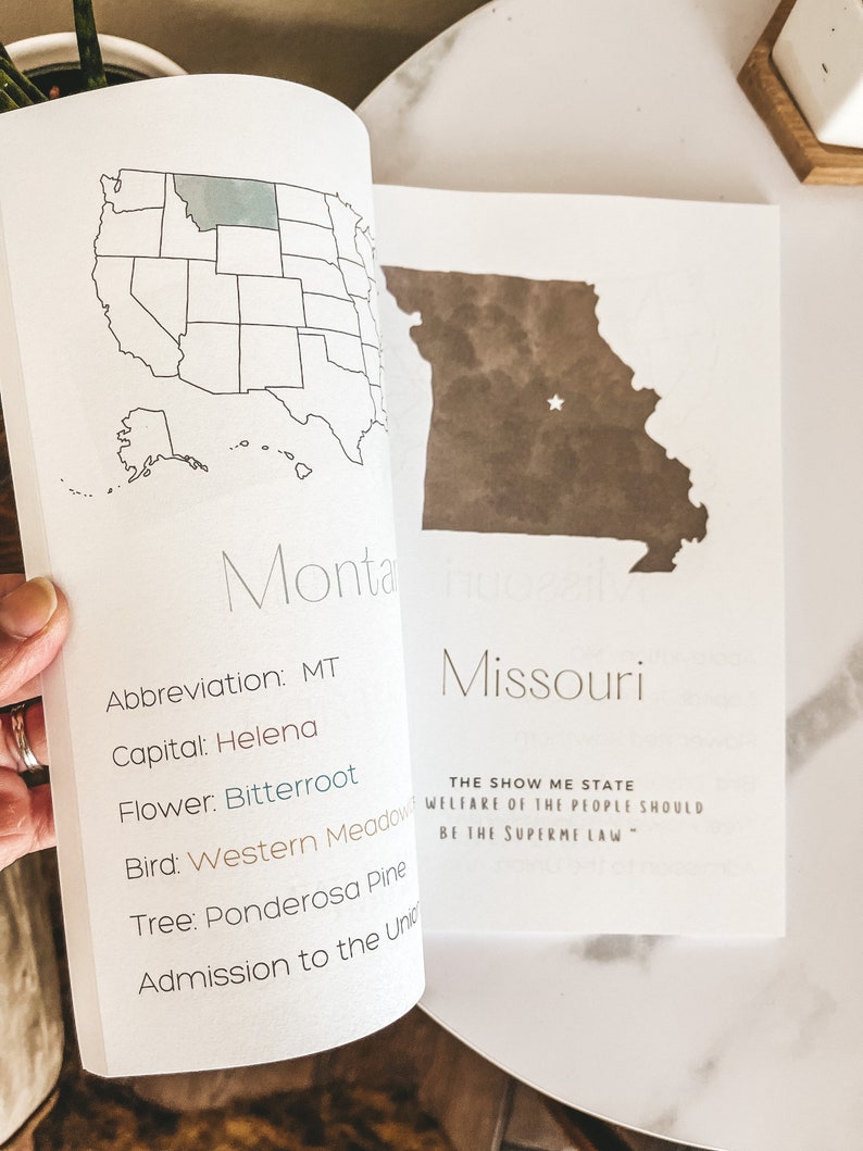 May include: Open book with pages displaying state outlines and information. One page shows Montana's outline with a light blue highlight, the other shows Missouri's outline. Text includes state abbreviations, capitals, flowers, birds, and trees.