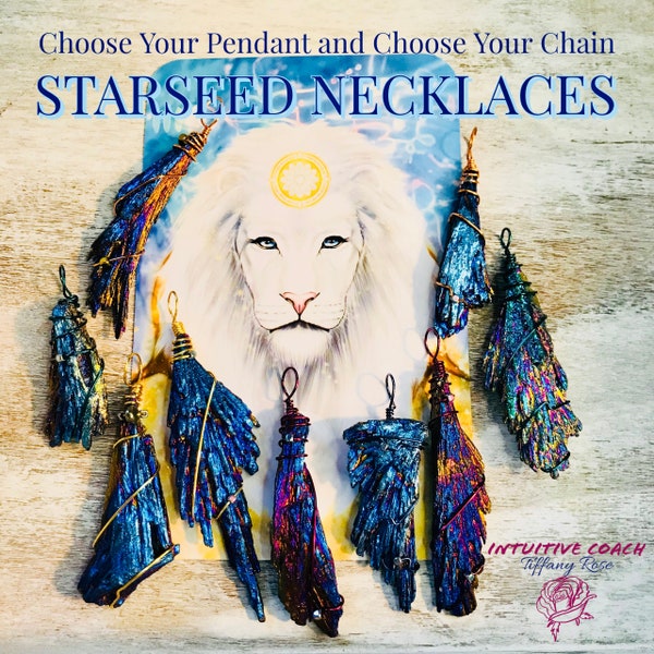 BLESSED Starseed Necklaces: Rainbow Aura Peacock Titanium Kyanite Wing and chain. Lyra Arcturus Andromeda Sirius Pleiades Galactic Family