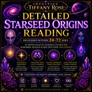 Op de afbeelding: Digitale afbeelding met een kosmisch thema, met de tekst "DETAILED STARSEED ORIGINS READING" en "INTUITIVE TIFFANY ROSE." De afbeelding bevat illustraties van sterrenstelsels, een alien, een vrouw, kristallen en iconen. De tekst belooft diepgaande galactische begeleiding.